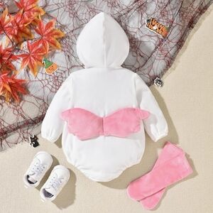 Baby Girls White Hoodie One-Piece Bodysuit with Pink Wing Accent 3-6 Months New